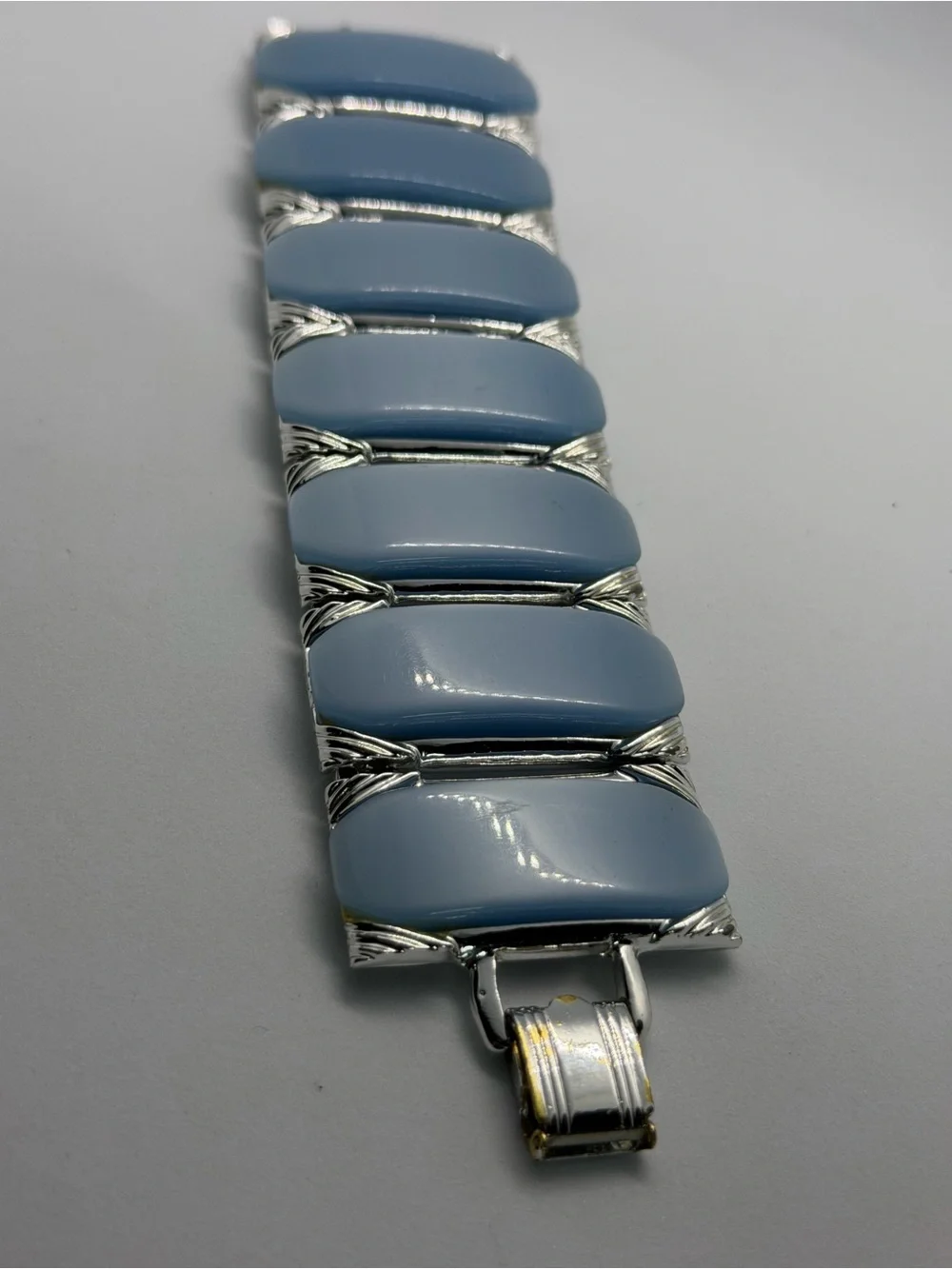 Vintage Blue Thermoset Panel Bracelet Silver Tone Mid Century